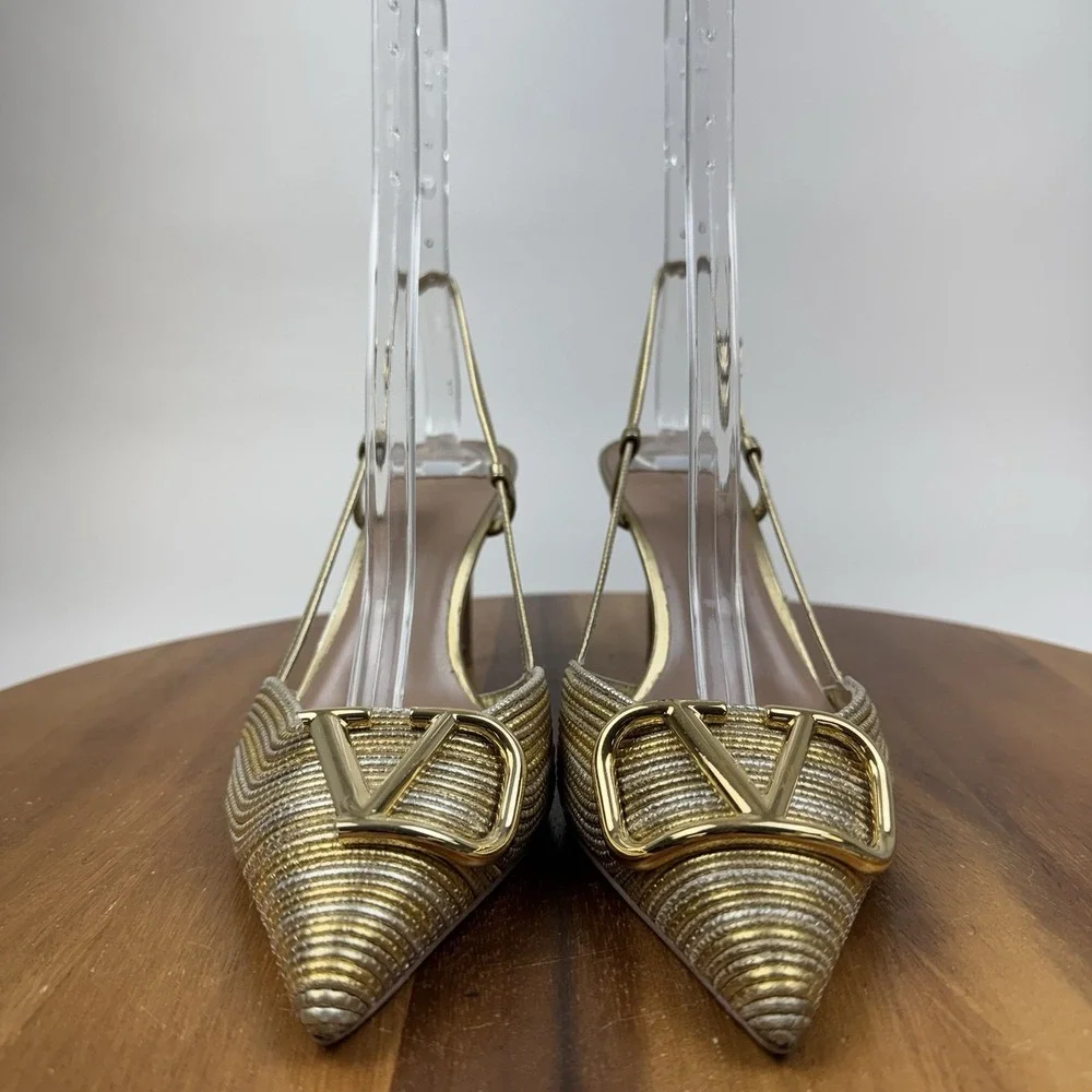 Womens Valentino Garavani VLOGO Gold Metallic Slingback Heels SZ 37.5 MSRP $1370